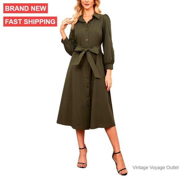 Long Sleeve Cotton Midi Shirt Dress Button Down Belted Casual A-Line
